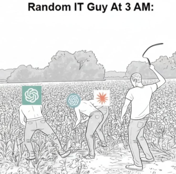meme: random IT guy at 3am hitting AIs with a whip
